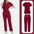 thumbnail image 4 of WULMLEO 2 Piece Scrub Sets for Women V Neck Stretch Scrubs Outfits Medical Short Sleeve Fashion Nursing Workwear Shirts and Joggers Soft Comfortable Casual Petite Nurse Uniform Deep Red M, 4 of 6