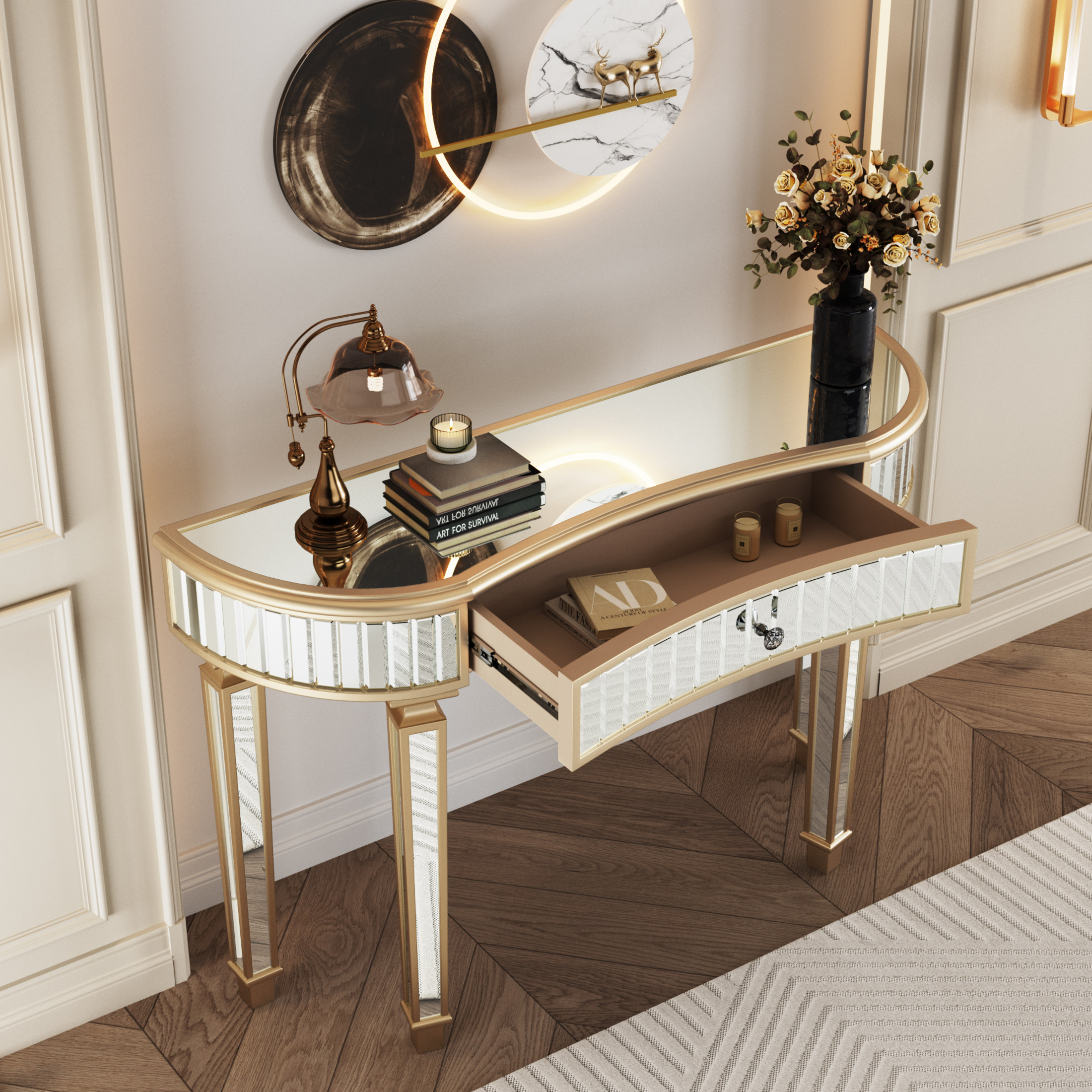 Noble House Half-Moon Mirrored Console Table with Fluted Glass & Crystal Knob Drawer - Silver Entryway Vanity Desk for Bedroom/Dressing Room,Golden+Silver