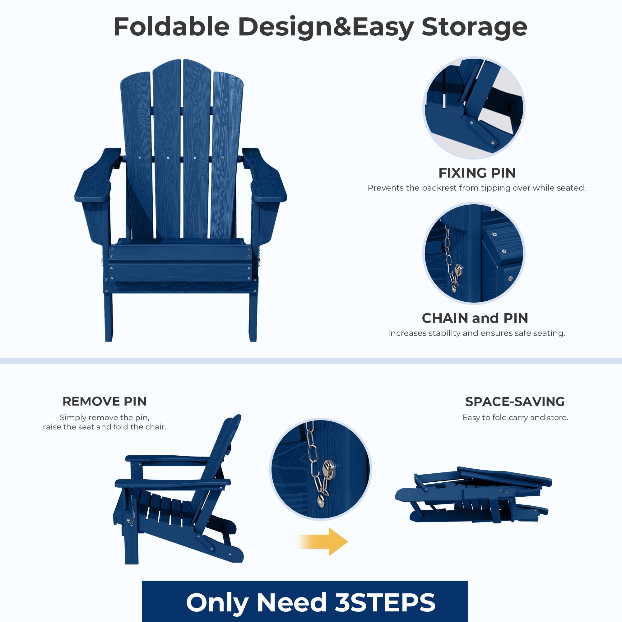 FUNDAZE HDPE Adirondack Chair, Foldable Weather-resistant Outdoor Chair for Patio, Poolside, Garden, Yard, Navy Blue
