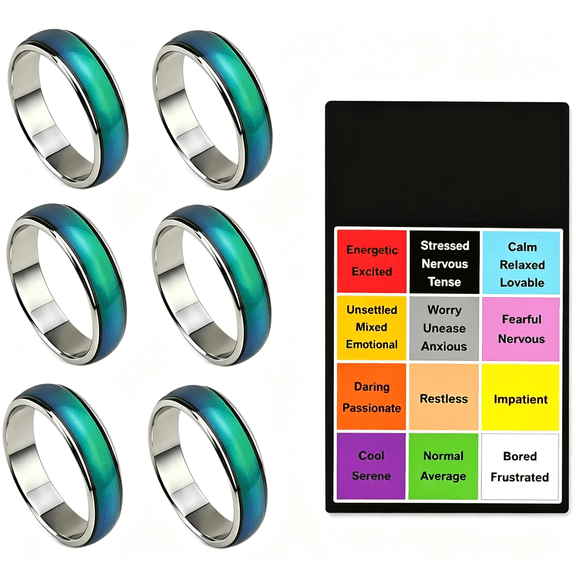 DESIGNICE Mood Rings for Kids 6 Pack Color Changing Rings with Mood Guide Card Chart Party Favor Toys Birthday Goodie Bag Fillers Treasure Box Prizes for Girls Boys Sizes 5 6 7 8 9 10