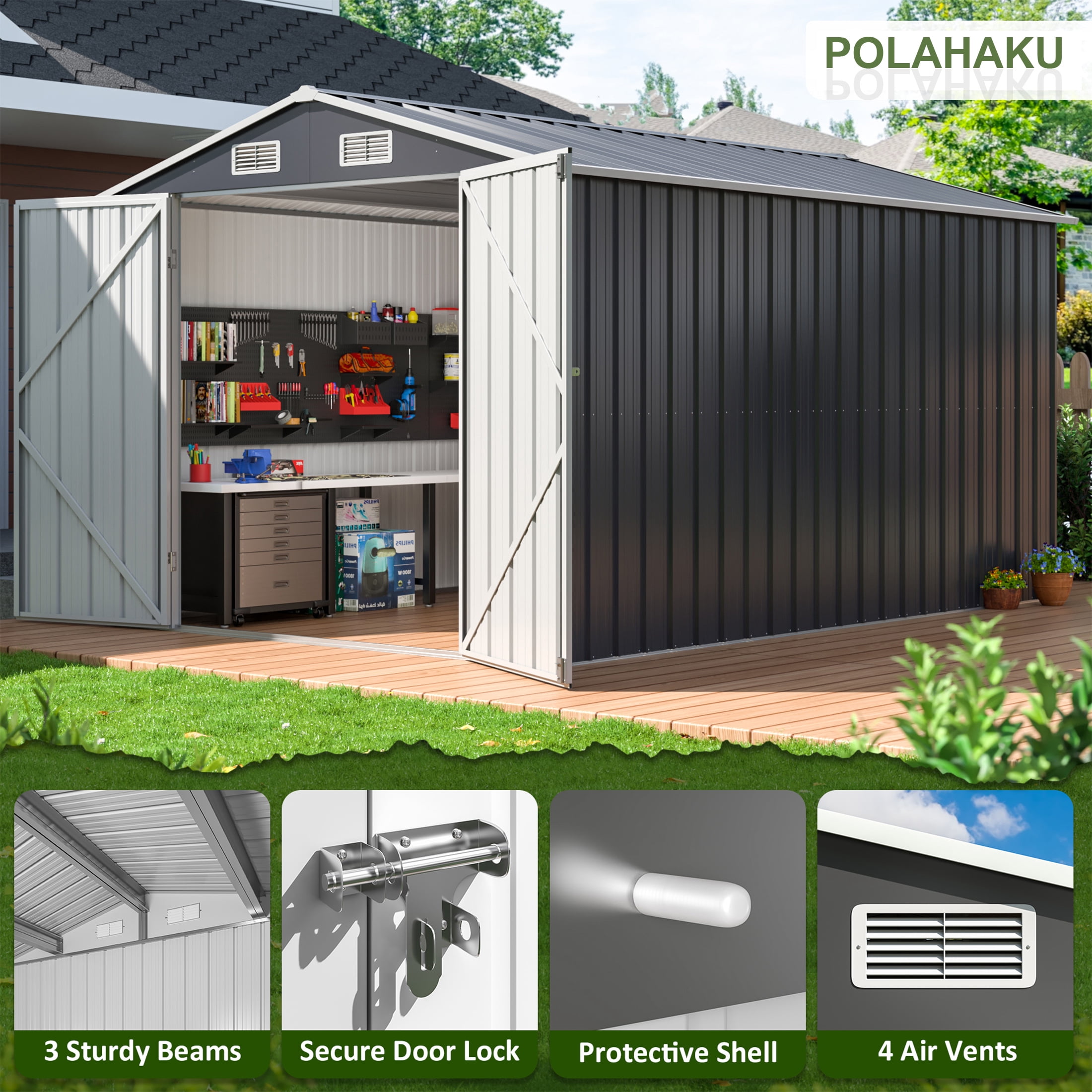 POLAHAKU 8'x12' Outdoor Metal Shed with Upgraded Frame Structure, Lockable Doors & Waterproof Design, Spacious Steel Storage Shed for Backyard, Patio, Lawn & Garden