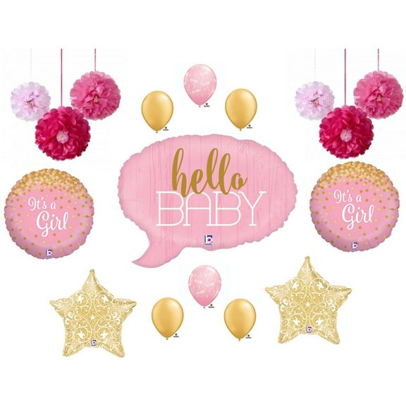 Hello Baby Girl Shower Balloons AND Tissue Flowers Decoration Supplies Gold Pink