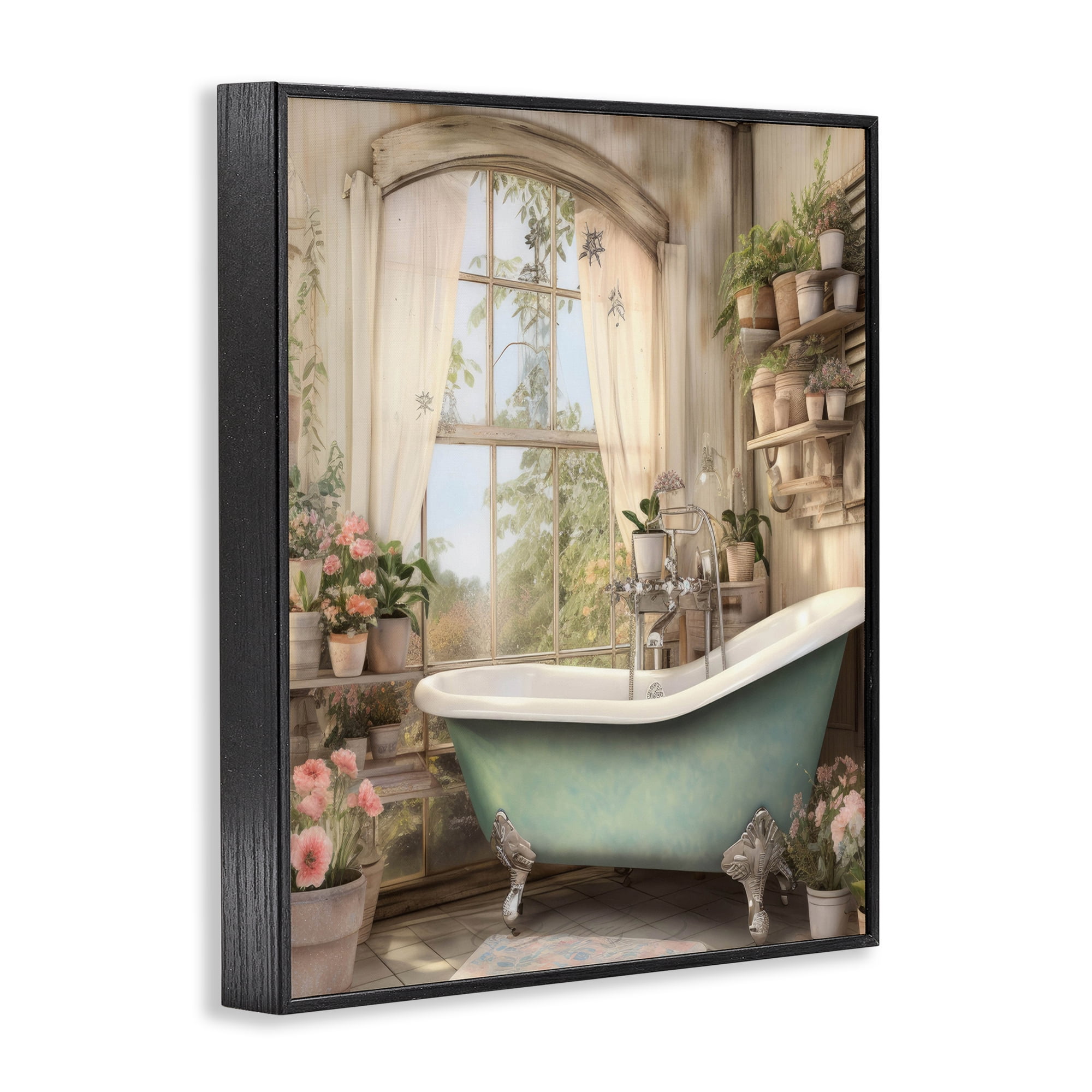 Bathroom with Floral Filled Shelves Black Framed Giclee Art, design by Lettered and Lined