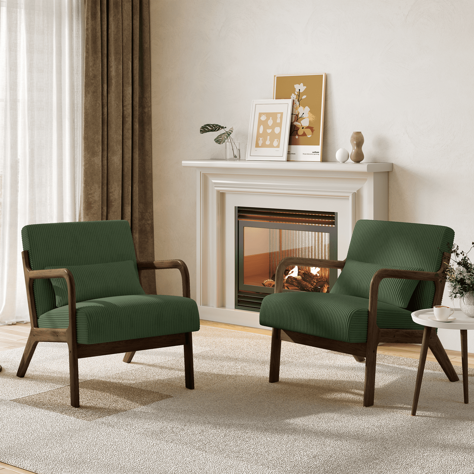 Renwick Mid-Century Corduroy Accent Chair, Modern Armchair with Wood Frame and Pillow for Living Room Bedroom Furniture, Set of 2, Dark Green