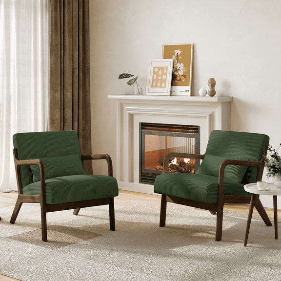 Yaheetech Mid-Century Modern Accent Chair, Corduroy Armchair with Wood Frame and Pillow for Living Room Bedroom Furniture, Set of 2, Dark Green