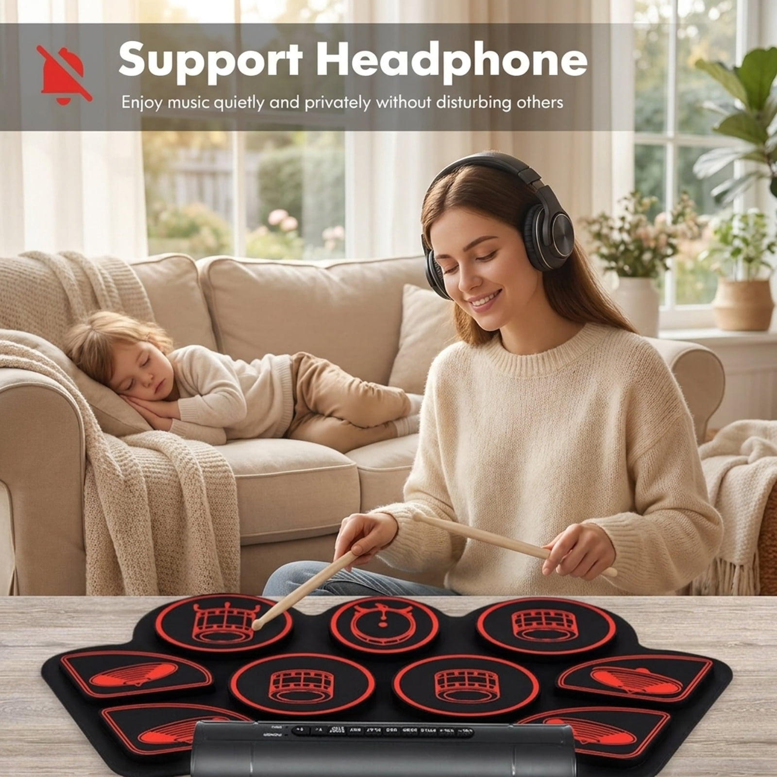 Redsmile Electronic Drum Set with 2 Built-In Stereo Speakers, Foot Pedal and Recording Function for Kids, Red