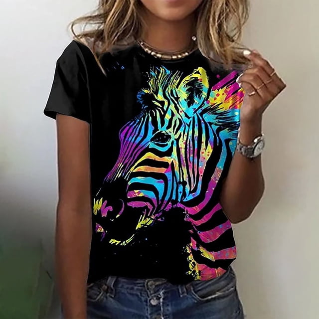 ICHUANYI ClearanceWomen's Fashion Print Short Sleeve T-shirt Tops Casual Loose Blouse Tops(Black, XL) ICHUANYI WER20232080502832