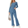 thumbnail image 2 of INSPIRE CHIC Women's Ribbed Knit Lounge Set Long Sleeves Top and Pants Pajama Sets Two Piece Matching Set L Blue, 2 of 5