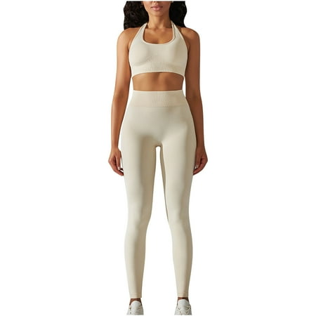 Abomasnow Workout Sets for Women 2 Piece Seamless Gym Athletic Yoga Outfits Halter Neck Backless Sports Bra High Waist Butt Lifter Leggings