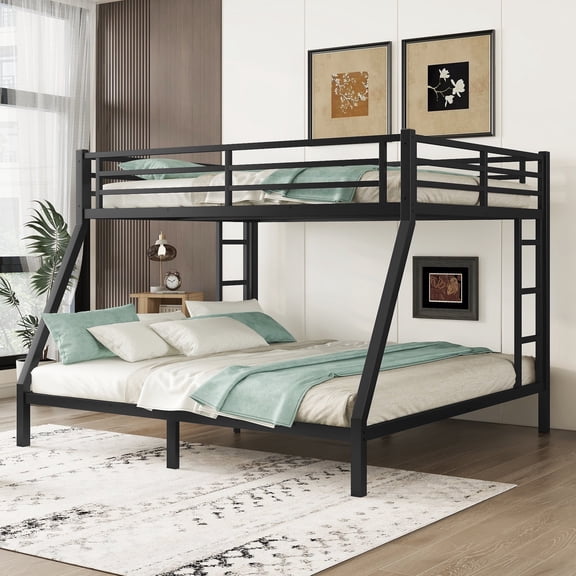 Firscook Queen-over-King Metal Bunk Beds with Bed Frame and Ladder, Black