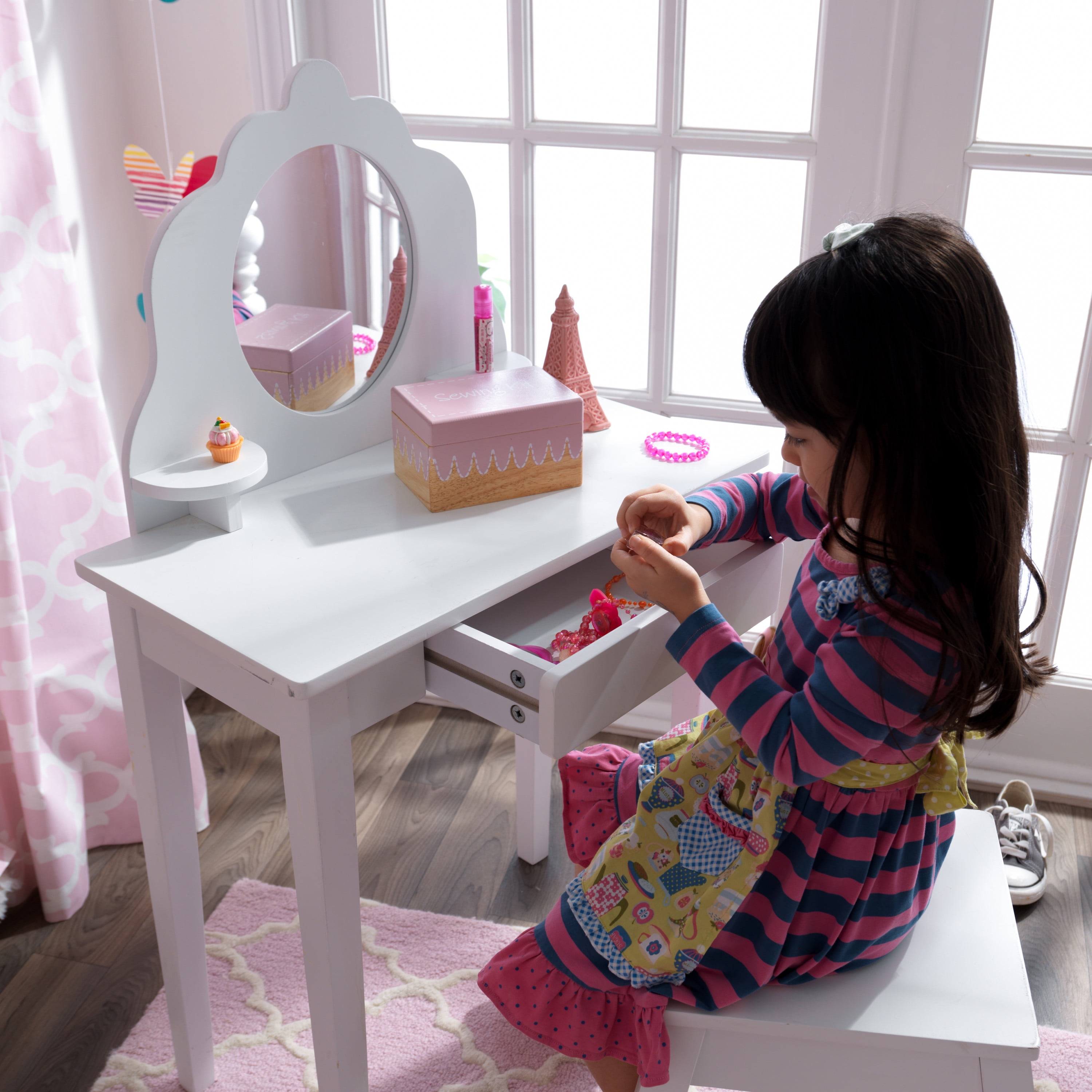 bedroom furniture White KidKraft 13009 Medium wooden Vanity & Stool with mirror kids childrens playroom 