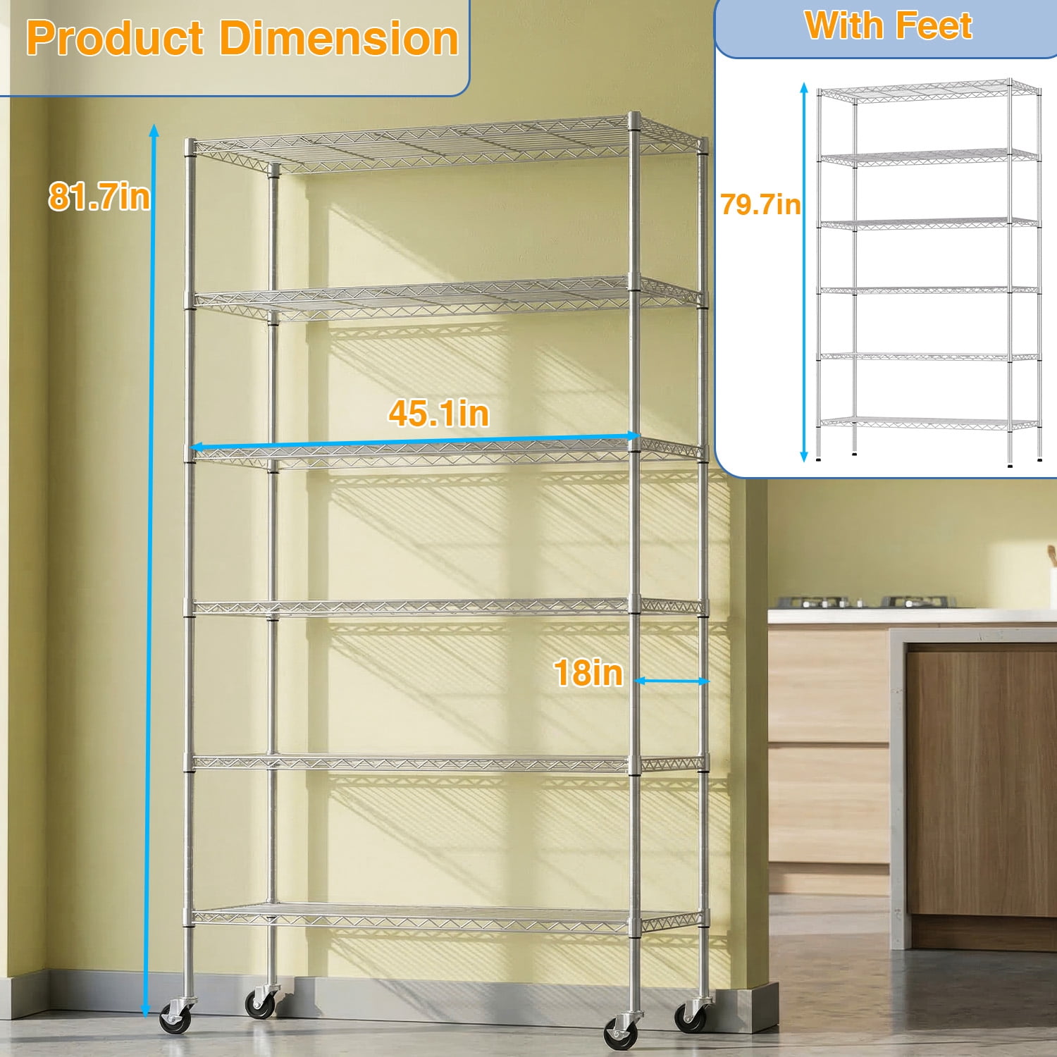 BestOffice 82"x45"x18" 6 Tire Wire Shelving Unit NSF Storage Shelves Large Heavy Duty Metal Shelf Organizer Height Adjustable Steel Rack 2100 LBS Capacity with Wheels (Chrome)