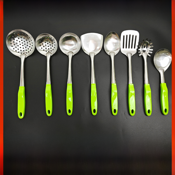 Utensilios de cocina de acero inoxidable 304, juego completo de espátula gruesa de ocho piezas para el hogar, cuchara para sopa, colador, pala para freír