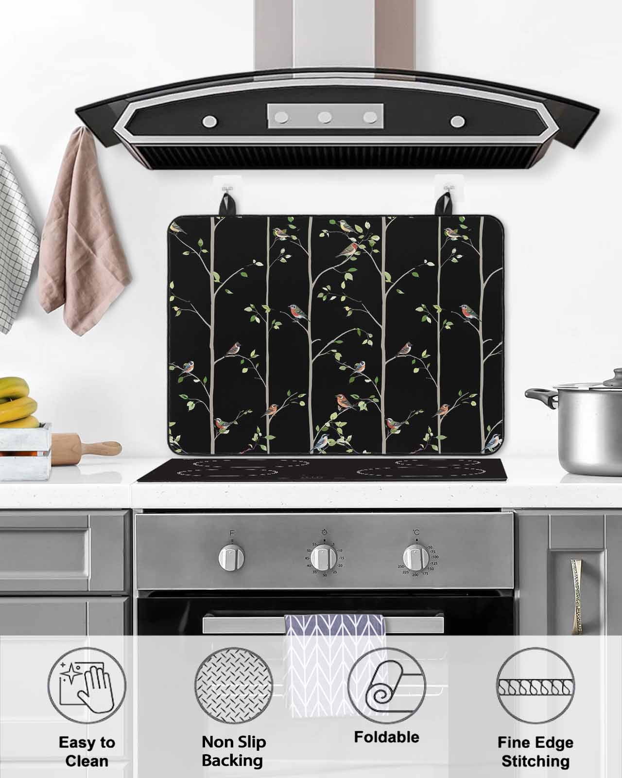 Large Induction Cooktop Protector Mat Sparrow Stove Top Covers for Electric Stove, Spring Birds on The Branches Vintage Country Black Decorative Stove Burner Cover Mats, Glass Top Stove Cover
