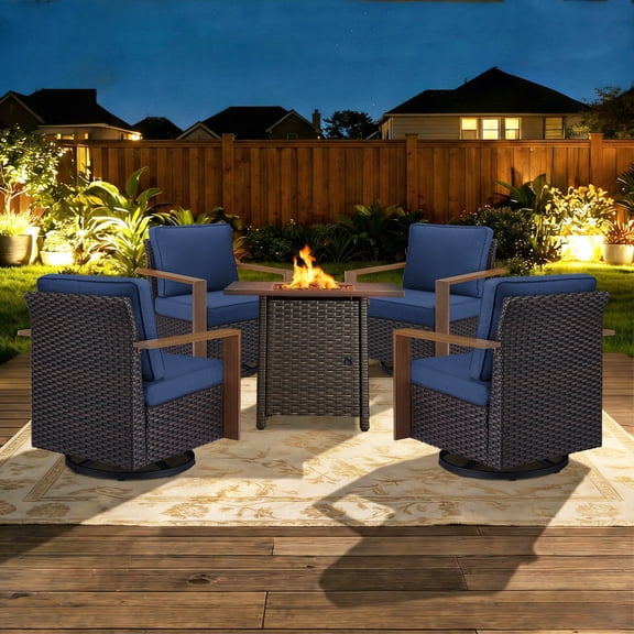 Opohoro 5PCS Outdoor Conversation Set with 30" Wicker Fire Pit Table, Brown Rattan Fire Pit Set with 4 Swivel Rocker Chairs, Blue for Patio Backyard