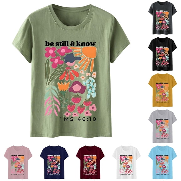 XIAONU Floral Letter Print T Shirt for Women Crew Neck Short Sleeve Casual Daily Tees