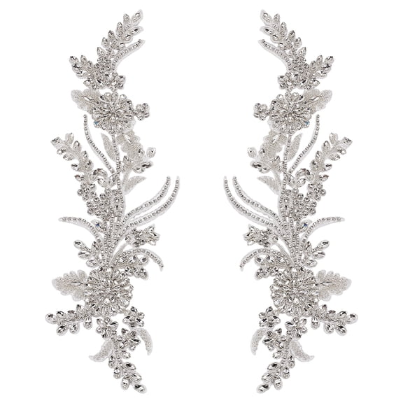 1 Pair Rhinestones Lace Applique 13x4.3x0.2 Inch White Handmade Floral Embroidery Beaded Lace Rhinestone Patch Sewing Beaded Applique diy