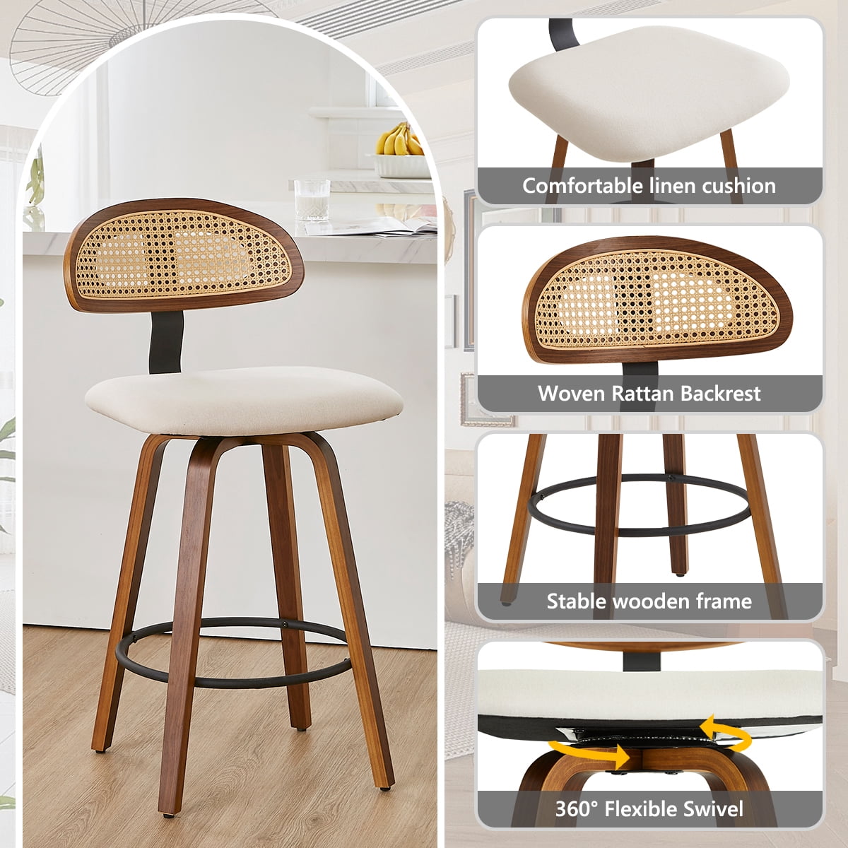 360° Swivel Rattan Bar Stools Set of 2, Counter Height Modern Kitchen Island Stools With Footrest, Uphostered Cushion, Comfortable Durable, White