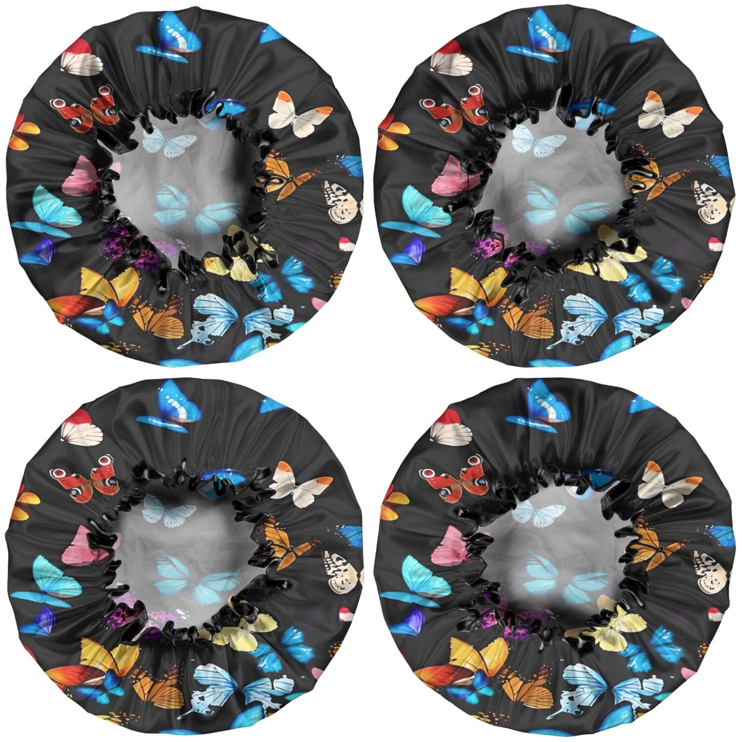 Shower Caps,Black Blue Yellow Butterfly Pattern Waterproof Shower Cap for Women 4 Pieces,Double Reusable Hair Cover for Shower PEVA Elastic Stretch Hem