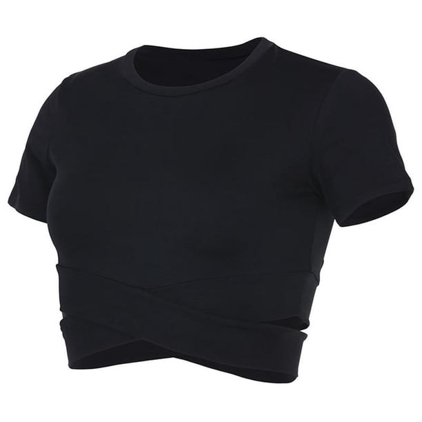 Camisetas Cortas Con Cuello Redondo Para Mujer, Camisetas Deportivas De Manga Corta Cruzadas Para La Barriga Para Yoga, Fitness, Camisetas Sin Mangas Para Correr Sweethay OD016082-01