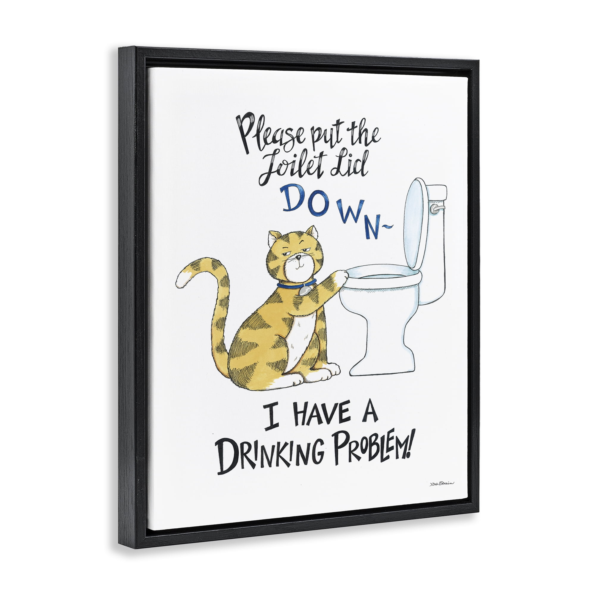 Stupell Industries Funny Cat & Toilet Animals Painting Black Floater Framed Canvas Art Print Wall Art, 17 x 21