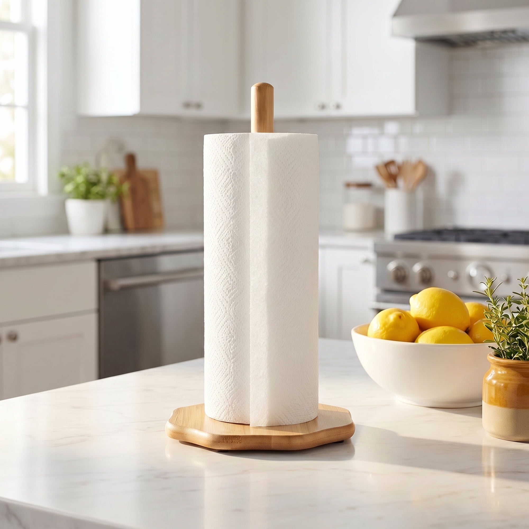 Unique Bargains Paper Towel Holder Countertop Non Slip Base Wood Natural C 11x5.7inch