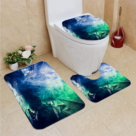 GOHAO Magical Witcher Cottage Copy Space Halloween 3 Piece Bathroom Rugs Set Bath Rug Contour Mat and Toilet Lid