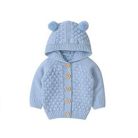 

Godderr Toddler Baby Boys Girls Hooded Sweaters Outwear Solid Color Tthree-Dimensional Hairball 3M-2Y Long Sleeve Knitting Cardigan Outwear Tops