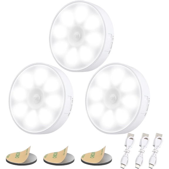 Electight Motion Sensor Light 3-Pack, Magnetic Rechargeable, 6000K Cool White For Stairs Closets Bedrooms