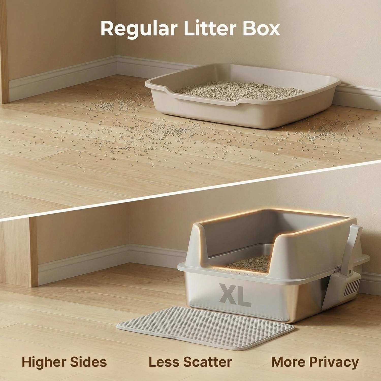 Extra Large Stainless Steel Litter Box with Lid, High Sided Design Includes Mat and Scooper, Easy Clean Non-Stick Odor Control