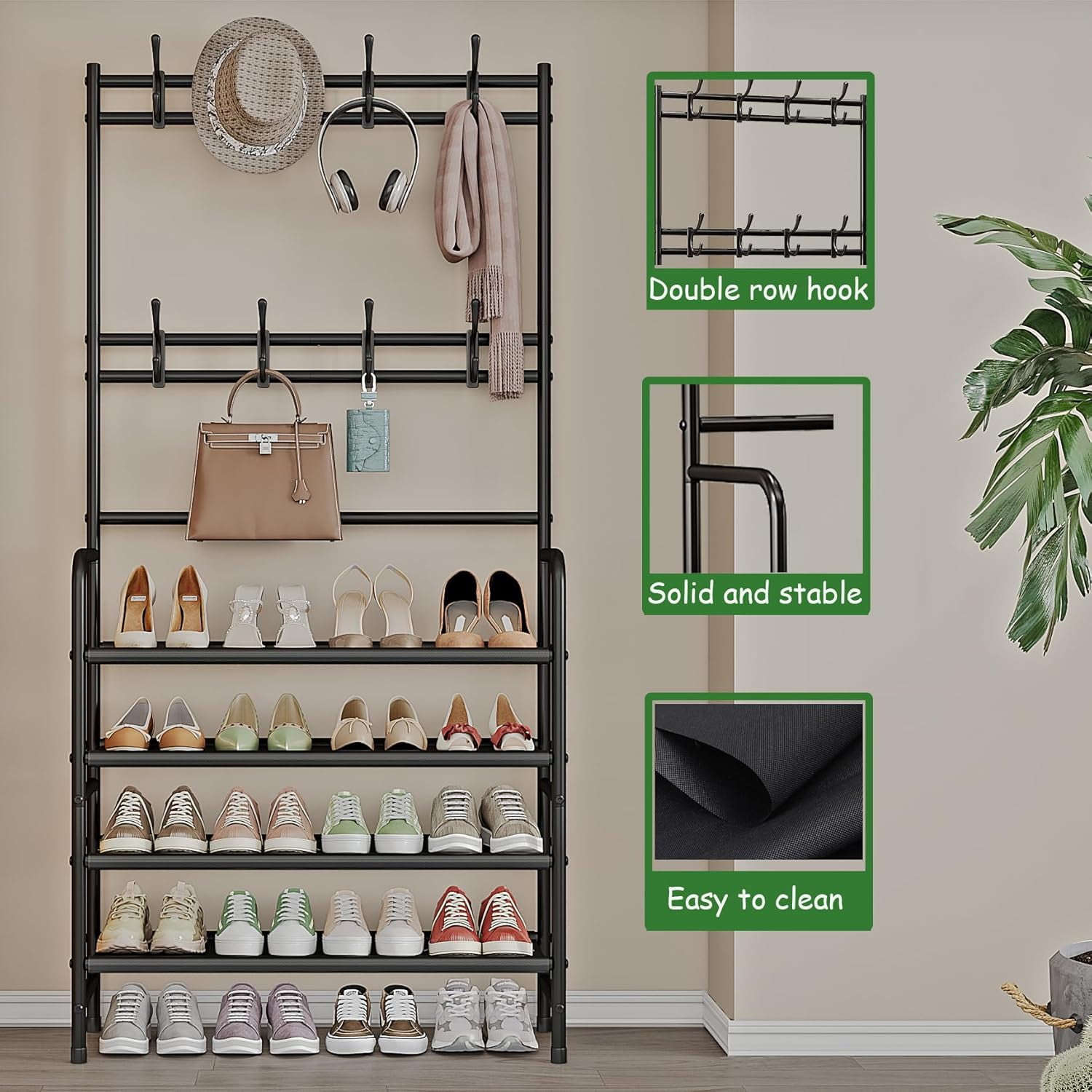 SEAMIKA Coat Rack Shoe Rack With Storage Shelf Freestanding with 8 Hooks for Entryway Bedroom Closet 4 Tier, Black