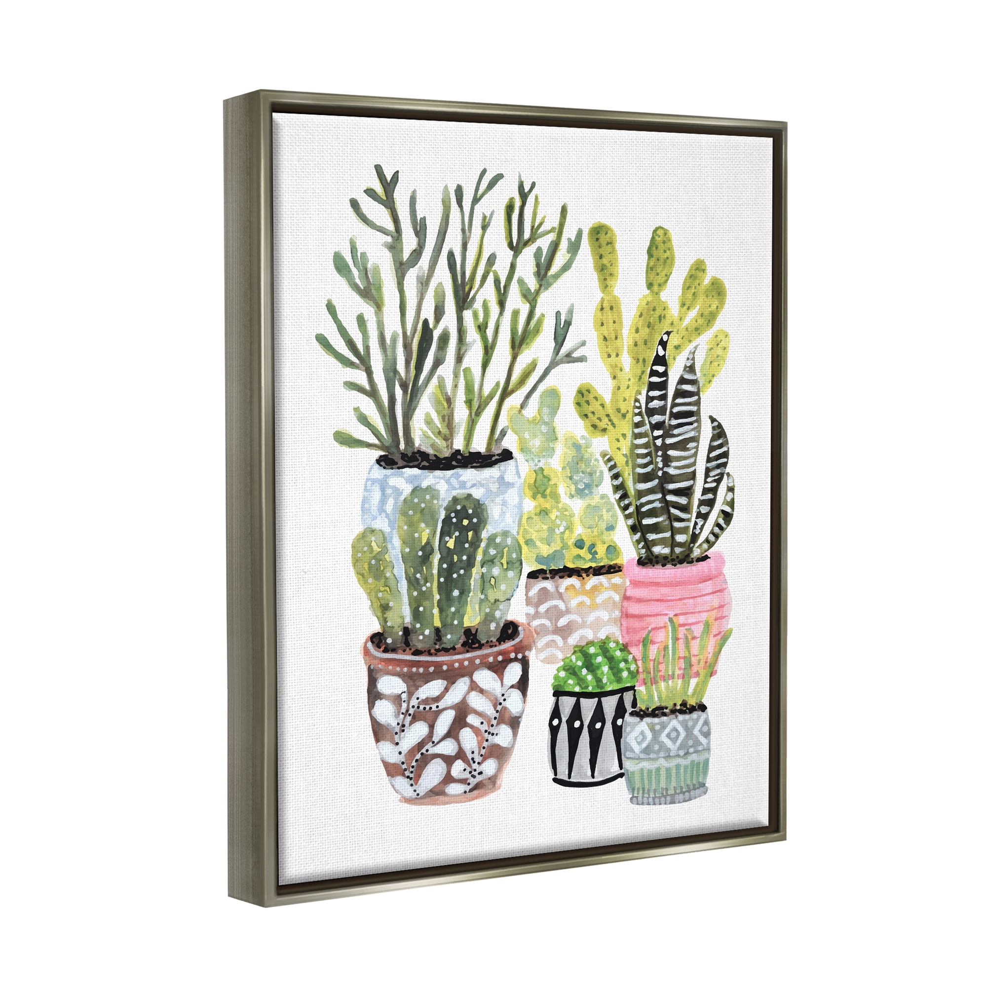 Stupell Various Cactus House Plants Botanical & Floral Painting Gray Floater Framed Art Print Wall Art