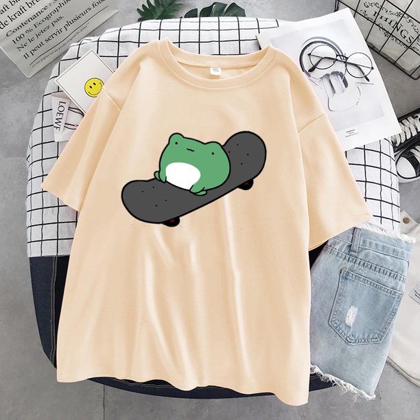 Skate Frog Dinosaur Cute Graphic Tee T Shirt Female Green Aesthetics T Shirt Oversized T Shirt Harajuku Casual Summer Topspangjing