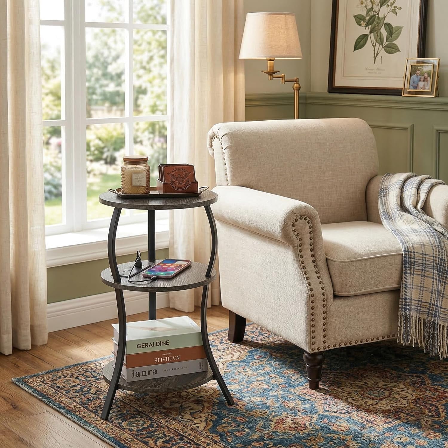 ZEXVIDA Round Side Table with Charging Station, 3-Tier Circular End Table and Compact Sofa Side Table, Gray
