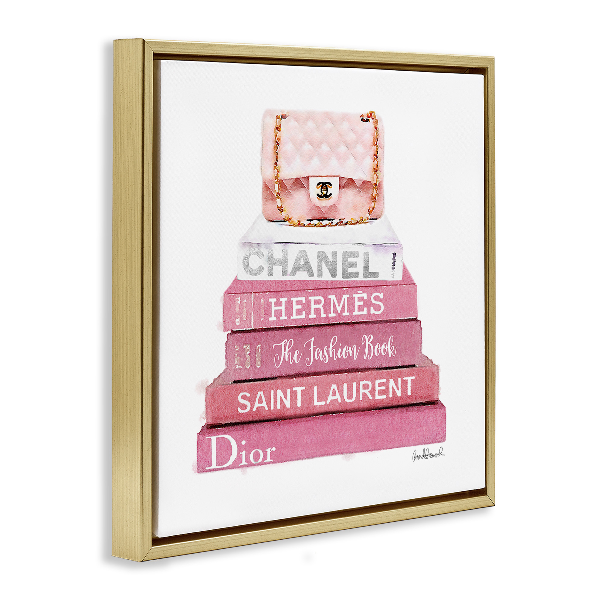 Stupell Industries Pink Book Stack Fashion Handbag Beauty & Fashion Painting Gold Floater Framed Canvas Art Print Wall Art, 18 x 18