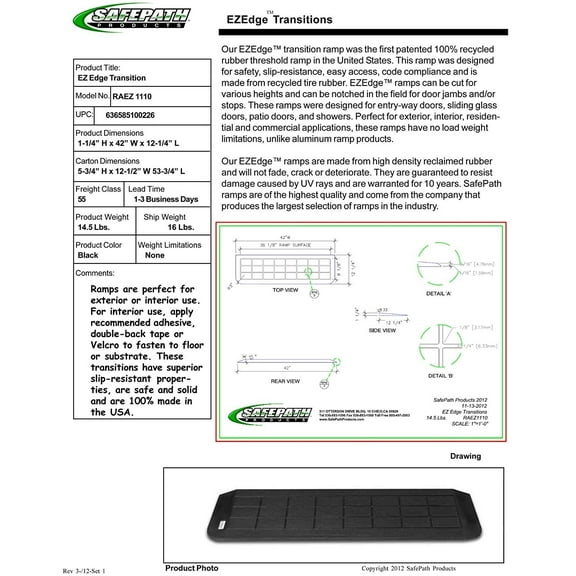 SafePath Products RAEZ1110 EZEdge 1 1/4 Thick x 42 Wide x 12.25 Transition/Threshold Ramp