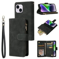Dteck for iPhone 15 Plus Wallet Case,Soft Leather Zipper Wallet Case Magnetic Buckle Flip Cover with 5 Card Slots/Photo Pocks/Lanyard Strap for Apple iPhone 15 Plus 6.7 inch 2023,Black