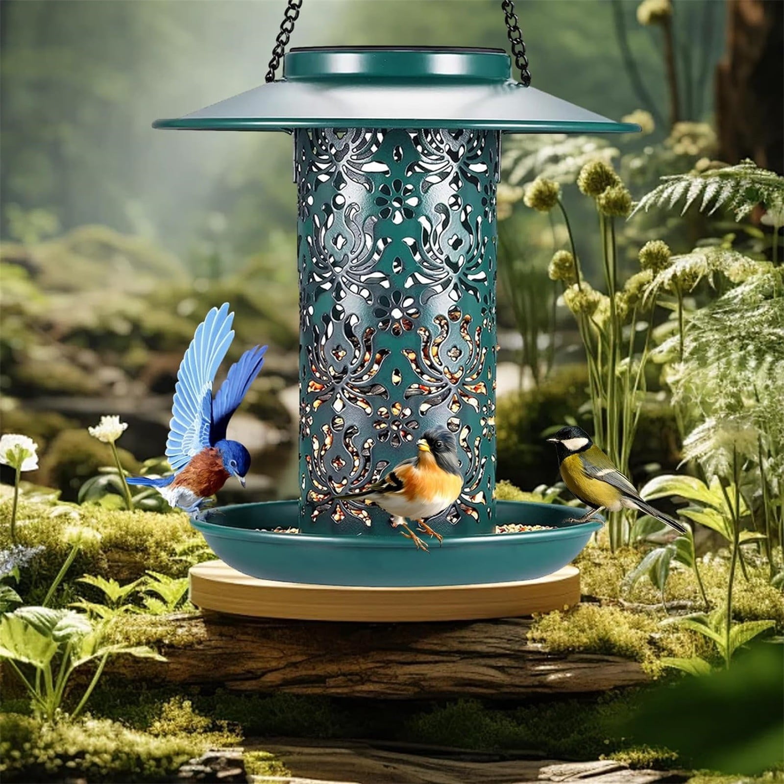 ERTZAE Solar-Powered Metal Hanging Bird Feeder,Vintage Vine Pattern Night Light Projection Outdoor Bird Feeder,Waterproof Metal Garden Bird Feeder,Automatic Decorative Bird Feeder Gift