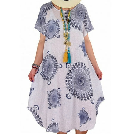 Print Vintage Dress - UKAP Summer Womens Casual Dress Loose Flowy Vintage Bohemian Round Neck Short Sleeve Plus Size Floral Printed Boho Dresses