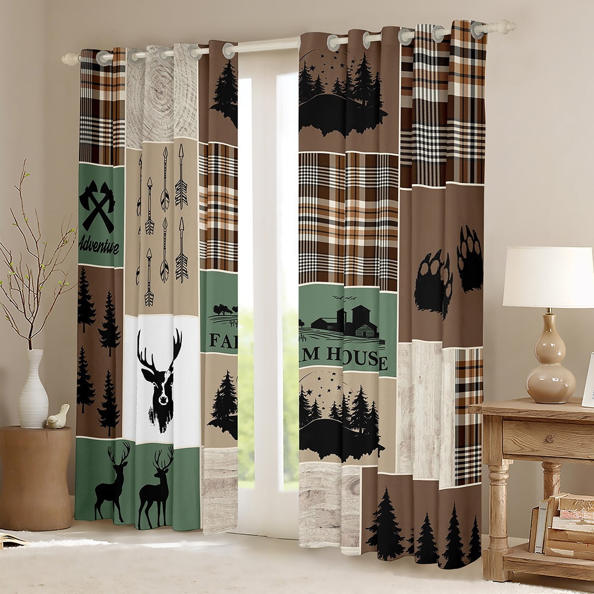 YST Farmhouse Deer Curtains & Drapes, Retro Country Animal Blackout Curtains 52"Wx63"L 2 Panels,Rustic Cabin Lodge Curtains Plaid Arrows Adventure Patchwork Window Curtains, Brown Green