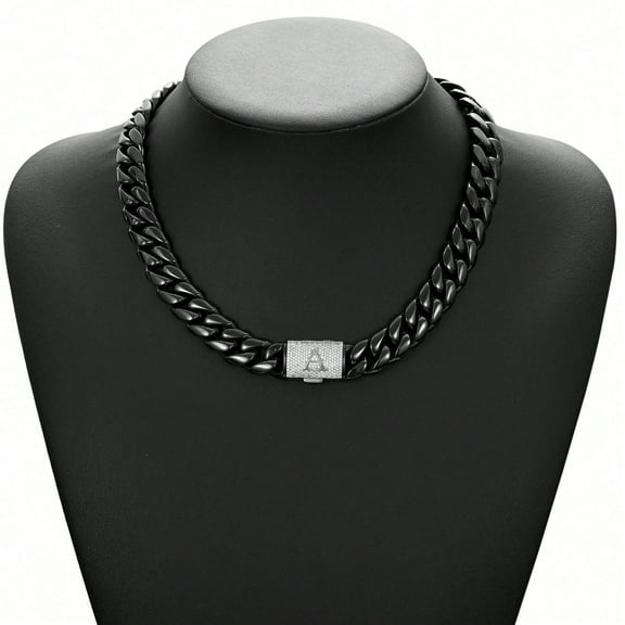 14mm Miami Cuban Chain Letter Necklace for Men, Black Stainless Steel, Iced Out, Hip Hop Rapper Jewelry with Button Clasp