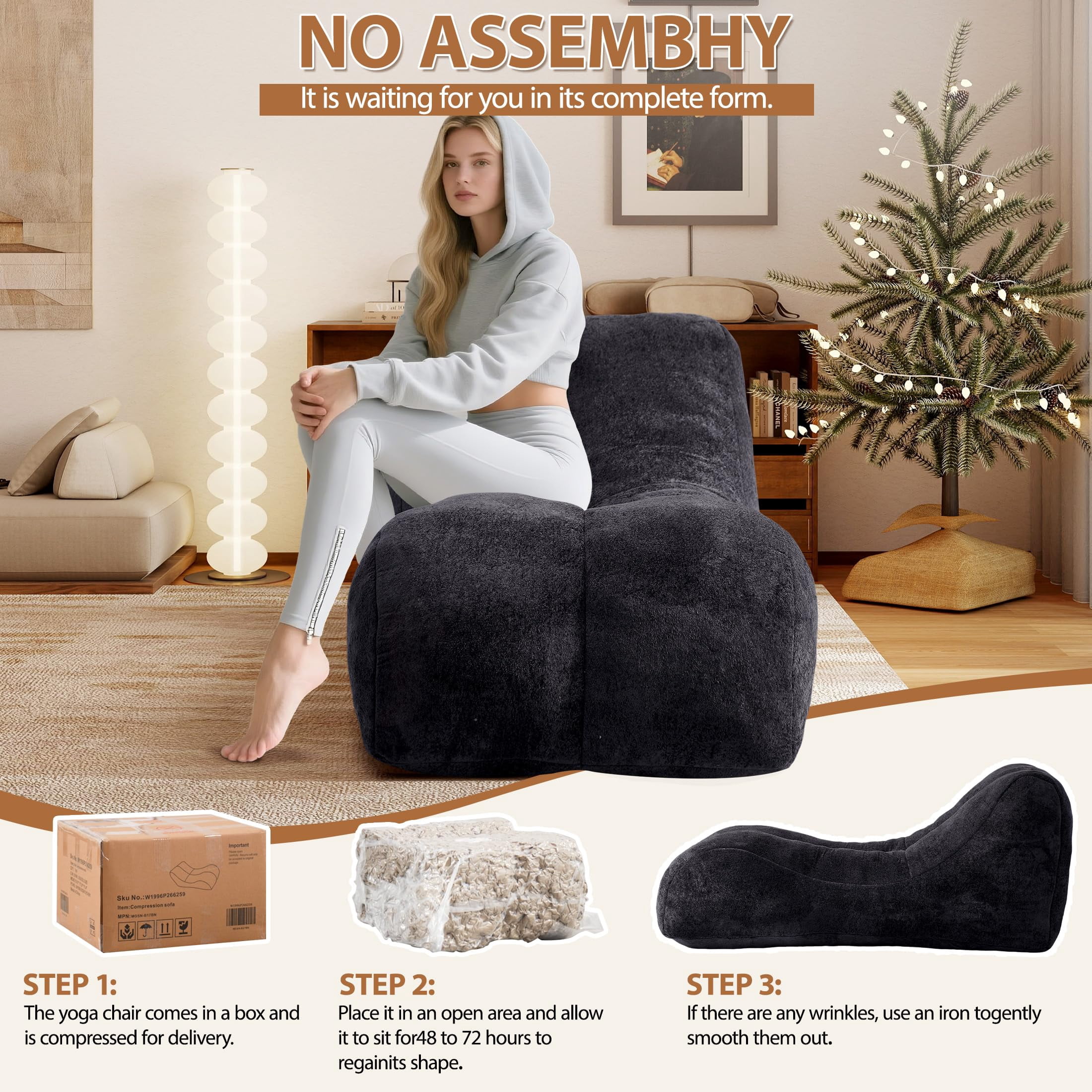 Aukfa Chaise Lounge, Bean Bag Sofa for Stretching, Relaxation, High Density Foam Recliner, Black