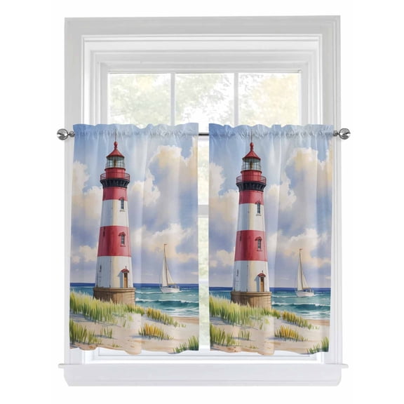 Kitchen Curtains 54 Inches length, Beach Lighthouse Window Treatment Curtain Drapes, Coastal Ocean Ship Sky Oil Painting Decorative Window Curtains for Bedroom Cafe, 52"x54", 2 Panels