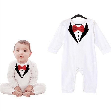 

Phenas Baby Boy Romper Toddler Gentleman Long Sleeve Cotton One-Piece Jumpsuit Button-Down Bowtie Wedding Suit Bodysuit(Black/White )