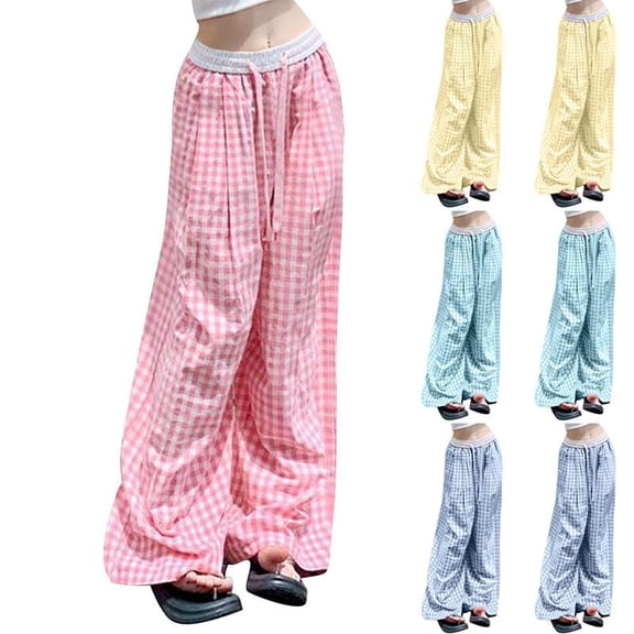 Bxsruta Women's High-Waisted Straight-Leg Pants, Soft & Comfortable Casual Lounge Trousers with Pockets, Plaid Pattern for Everyday Wear
