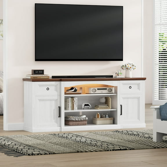 Farmhouse TV Stand, 70" Farmhouse TV Console for 70/75/80/85 inch TV, with Power Outlets, 2 Drawers, Adjustable Storage Cabinet Shelves, LED Light, Antique White