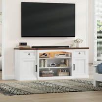 Farmhouse TV Stand, 70" Farmhouse TV Console for 70/75/80/85 inch TV, with Power Outlets, 2 Drawers, Adjustable Storage Cabinet Shelves, LED Light, Antique White