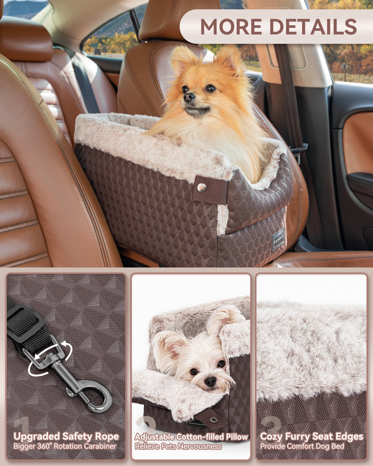 PETSFIT Center Console Dog Car Seat with Safe Protection Hooks, Pet Car Seat with Upgraded Safety Tethers, Washable Cushion, Console Dog Car Seats for Small Dogs (Brown)