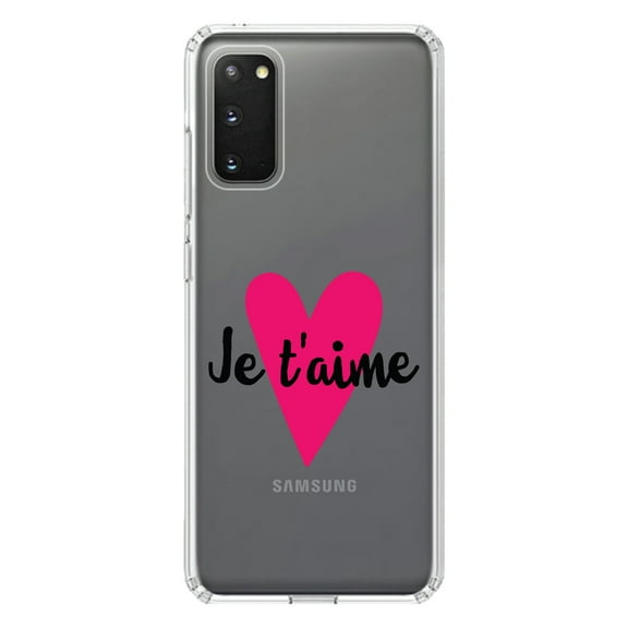 DistinctInk Clear Shockproof Hybrid Case for Galaxy S20 / S20 5G (6.2" Screen) - TPU Bumper Acrylic Back Tempered Glass Screen Protector - Je T'Aime - Pink Heart