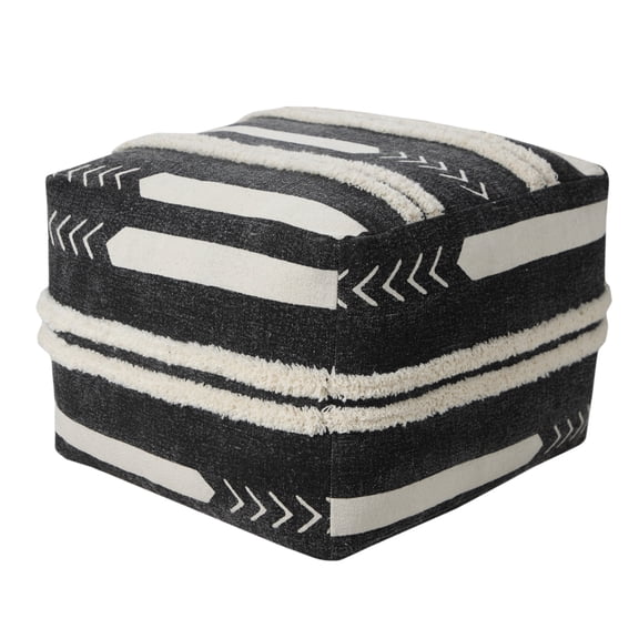 LR Home Small Over-tufted Geometric Indoor Square Pouf, Black/White, 18" x 18" x 14"